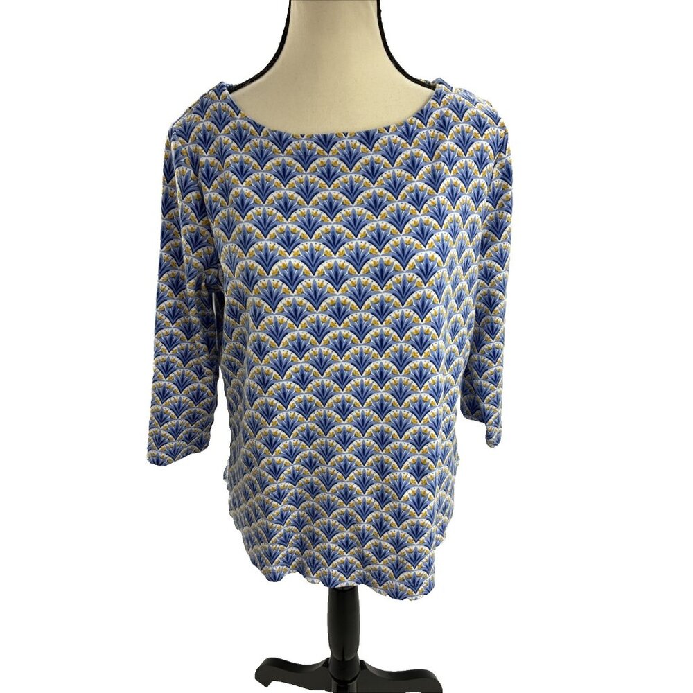 Croft & Barrow Womens M Blue Geometric Floral Print 3/4 Sleeve Stretch Top